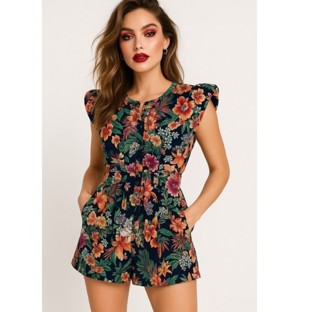 Vintage Paquette 80s Tropical Flowers Padded Shoulders Pockets Romper Size S